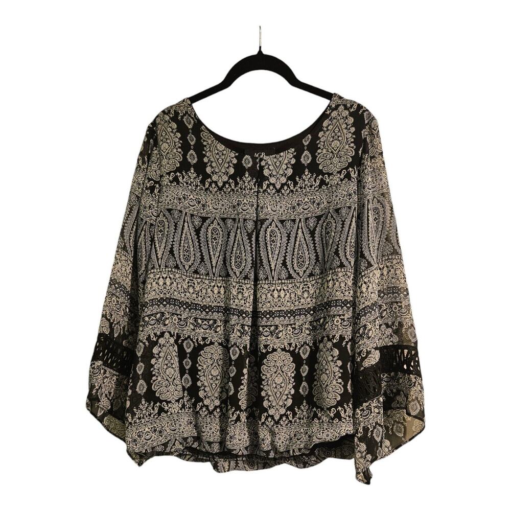 AGB Womens LG Blouse Navy Paisley Pullover Balloon Hem Semi Sheer Sleeves Lined